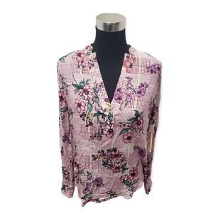 Love Potion Ivory & Plum Floral Design Long Sleeved V Neck Light Weight Blouse